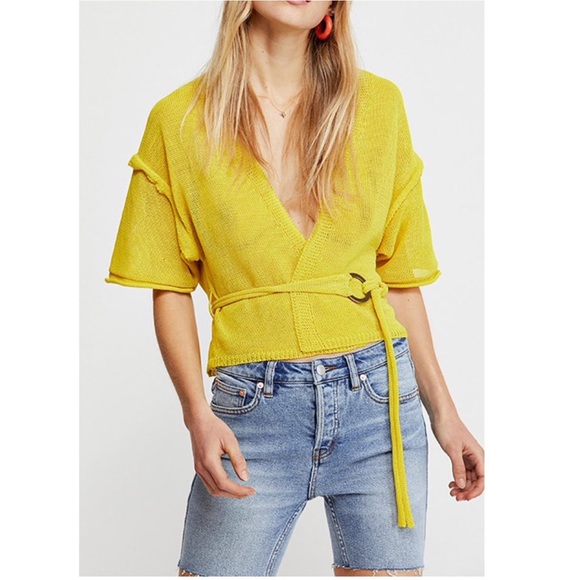 FREE PEOPLE Hello Yellow Tie Waist Knitted Cropped Textured Cardigan XS - Picture 11 of 13